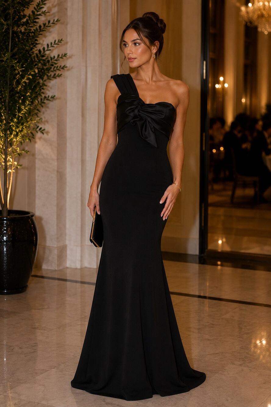 Mac Duggal One Shoulder Black Trumpet Gown Bow Detail Formal Evening Dress 0 NWT